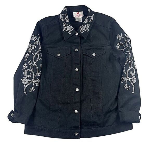 Quacker Factory embellished embroidered butterfly black denim jacket size large - Picture 1 of 7